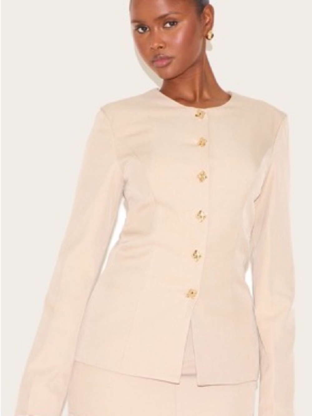 PrettyLittleThing Cream Round-Neck Button Blazer with Matching Miniskirt